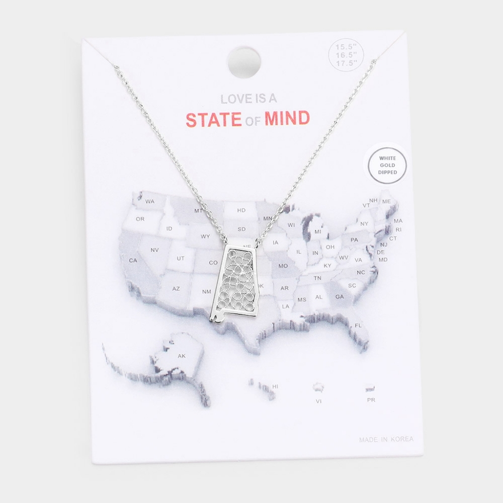 Silver Dipped ALABAMA Map State Pendant Necklace